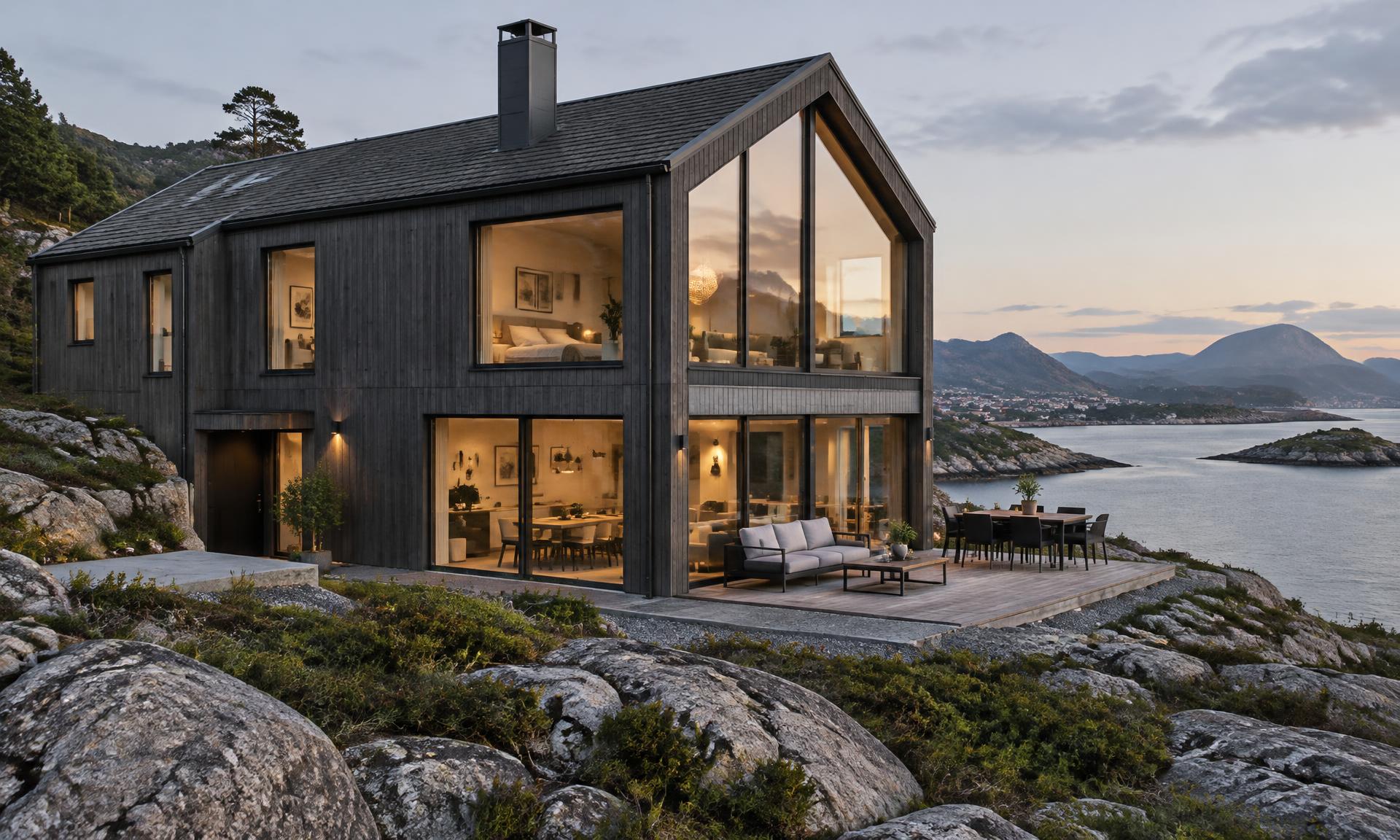 Moderne bolig i mørk trekledning ved sjøen (illustrasjon)
